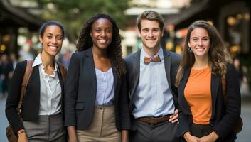 Portrait of smiling business people standing in the street. AI Generated. photo