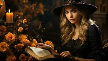 Beautiful young woman in witch costume reading a book. Halloween. AI Generated. photo