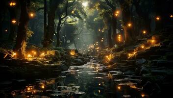 Fantasy forest with fog and lanterns. AI Generated. photo