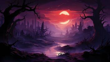 Fantasy landscape with spooky forest and full moon. AI Generated. photo