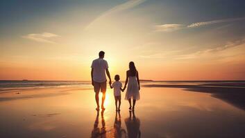 happy family of father, mother and little daughter walking on beach at beautiful sunset. AI Generated. photo