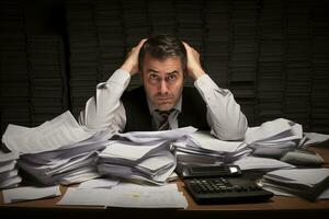 Tired and stressed businessman sitting at his desk with piles of papers and documents in the office. AI Generated. photo