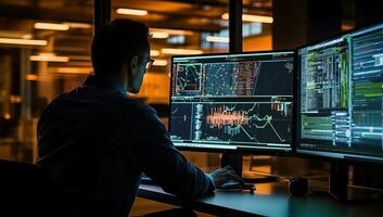 Rear view of a hacker using a computer in a dark office. AI Generated. photo