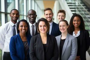 Portrait of happy business team standing in office. Multiethnic group. AI Generated. photo