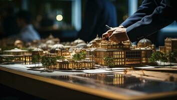 Close up of a miniature model of a city on the table. AI Generated. photo