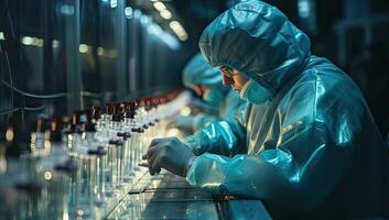 científico en protector traje y lentes trabajando con sangre muestras en laboratorio. ai generado. foto