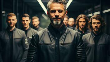 man with a beard and mustache in a black leather jacket standing in front of a group of men. AI Generated. photo