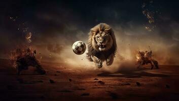 Big male lion with soccer ball running in the sky. AI Generated. photo