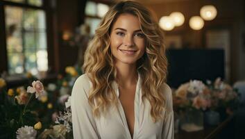 Portrait of a beautiful young woman with long wavy blond hair in a white shirt in a cafe. AI Generated. photo