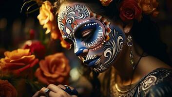 Day of the Dead sugar skull makeup. Calavera Catrina. AI Generated. photo