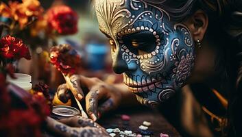 Beautiful girl with sugar skull makeup. Dia de los muertos. Day of The Dead. AI Generated. photo