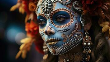 Beautiful woman with sugar skull makeup. Dia de los muertos. Day of The Dead. AI Generated. photo