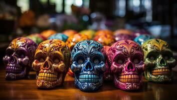Colorful sugar skulls in the traditional Mexican Day of the Dead celebration. AI Generated. photo