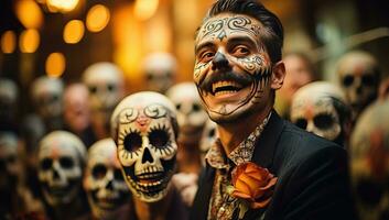Mexican man with sugar skull makeup in the city. Day of the Dead. AI Generated. photo