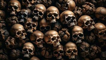 Skulls on the background of a lot of skulls. AI Generated. photo