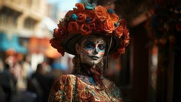 Unidentified participant on a carnival of the Day of the Dead in Oaxaca, Mexico. The Day of the Dead is one of the most popular holidays in Mexico. AI Generated. photo