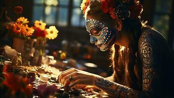día de el muerto. retrato de hermosa joven mujer con azúcar cráneo maquillaje a el mesa. ai generado. foto