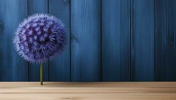 púrpura diente de león flor en de madera mesa en contra azul de madera tablones ai generado. foto