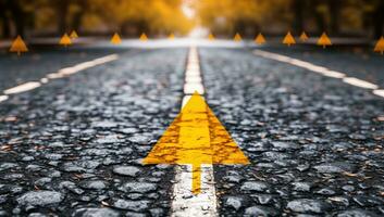 amarillo flecha en el asfalto la carretera. conceptual imagen de negocio dirección. ai generado. foto