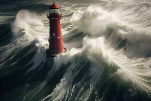 Aerial view of a red lighthouse in the middle of a stormy sea. AI Generated. photo