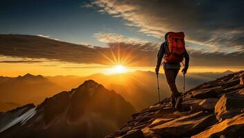 Hiker in the mountains at sunset. Sport and active life concept. AI Generated. photo