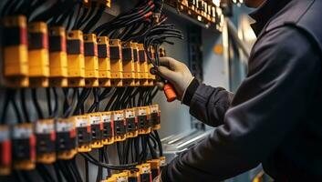 eléctrico ingeniero trabajando en fusible caja. ai generado. foto