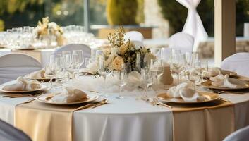 Wedding table setting. Table setting for a wedding ceremony. AI Generated. photo