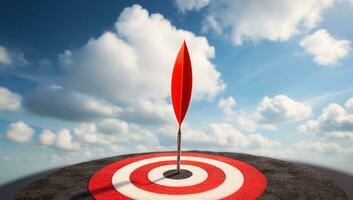 Red dart arrow in center of dartboard on blue sky background with clouds. Archievement concept. AI Generated. photo