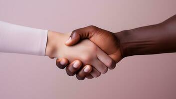 Handshake of african american women and man on a pink background. AI Generated. photo