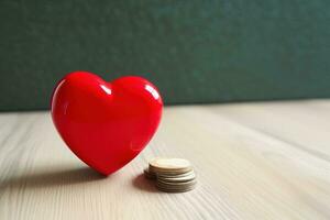 Red heart and coins on wooden table. Valentine's day concept. AI Generated. photo