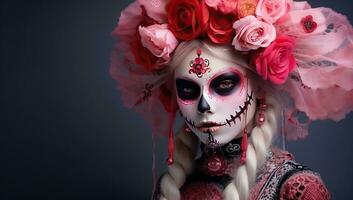 hermosa joven mujer con azúcar cráneo constituir. dia Delaware los muertos. día de el muerto. ai generado. foto