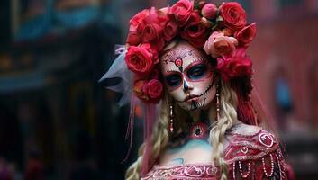 Beautiful woman with sugar skull makeup. Day of the Dead. AI Generated. photo