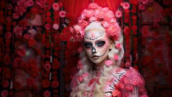 retrato de un hermosa mujer con azúcar cráneo constituir. dia Delaware los muertos. día de el muerto. Víspera de Todos los Santos. ai generado. foto