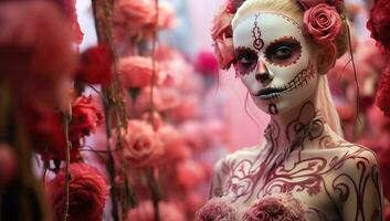 Beautiful girl with sugar skull makeup. Dia de los muertos. Day of The Dead. AI Generated. photo