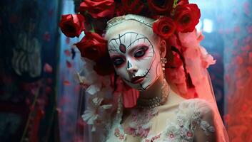 Beautiful sugar skull woman in carnival costume with red roses. AI Generated. photo