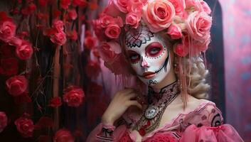 hermosa niña con azúcar cráneo maquillaje y flores en su cabello. ai generado. foto