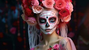 Day of the Dead. Sugar skull makeup woman with flowers in her hair. AI Generated. photo