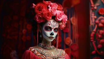 Day of the Dead. Sugar skull makeup. Dia de los muertos. Halloween. AI Generated. photo