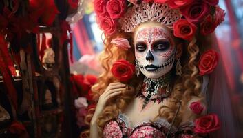 Beautiful woman with sugar skull makeup and red roses in her hair. AI Generated. photo