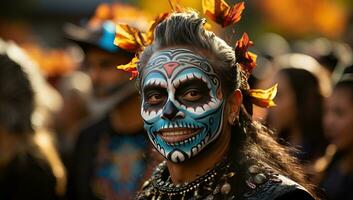 Woman with traditional sugar skull makeup at the carnival day of the dead. AI Generated. photo