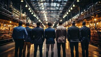 Back view of a group of business people standing in a warehouse. AI Generated. photo