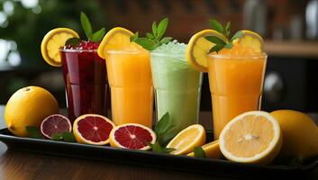 Composition with different fresh juices on wooden table in cafe, closeup. AI Generated. photo