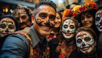 People take part in the celebration of the Dia de los Muertos. AI Generated. photo