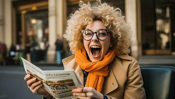 happy young woman in eyeglasses and coat reading newspaper in city. AI Generated. photo