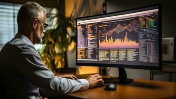 Side view of mature businessman working on computer at night in office. AI Generated. photo