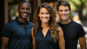 retrato de un grupo de amigos sonriente a cámara. ai generado. foto