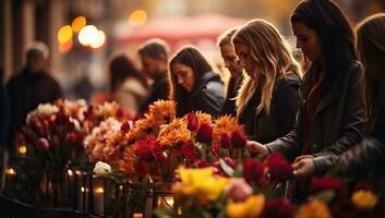 Group of beautiful young women choosing flowers at a flower market. AI Generated. photo