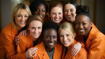 grupo de contento multiétnico mujer en naranja ropa mirando a cámara. ai generado. foto