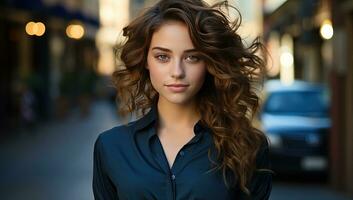 Portrait of beautiful young woman with curly hair in the city. AI Generated. photo