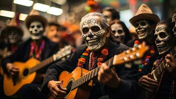 tradicional mexicano azúcar cráneo jugando guitarra a calle desfile. ai generado. foto